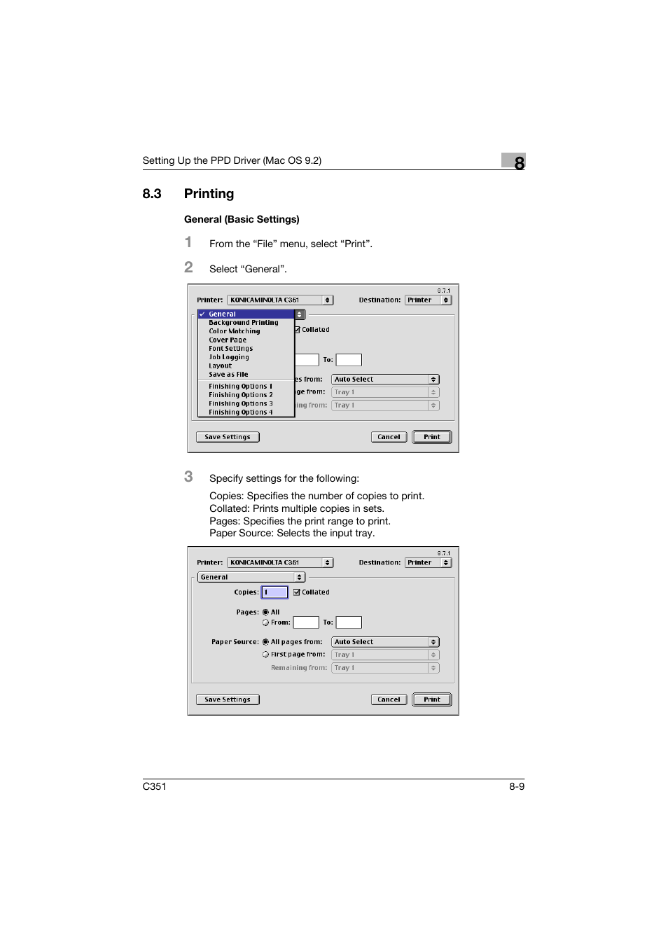 3 printing, General (basic settings) | Konica Minolta BIZHUP C351 User Manual | Page 190 / 318