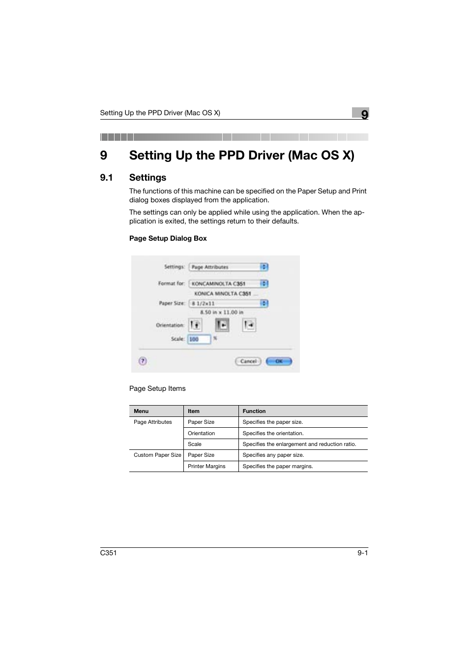9 setting up the ppd driver (mac os x), 1 settings, 9setting up the ppd driver (mac os x) | Konica Minolta BIZHUP C351 User Manual | Page 196 / 318