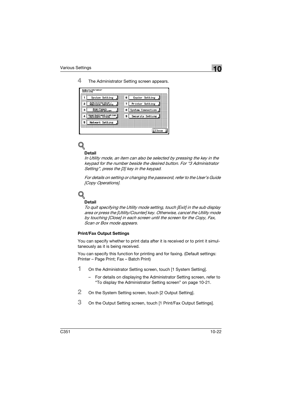 Print/fax output settings | Konica Minolta BIZHUP C351 User Manual | Page 235 / 318