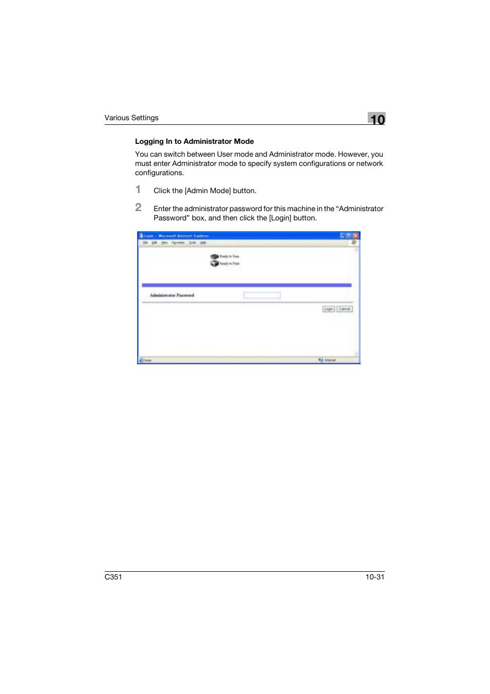 Logging in to administrator mode | Konica Minolta BIZHUP C351 User Manual | Page 244 / 318