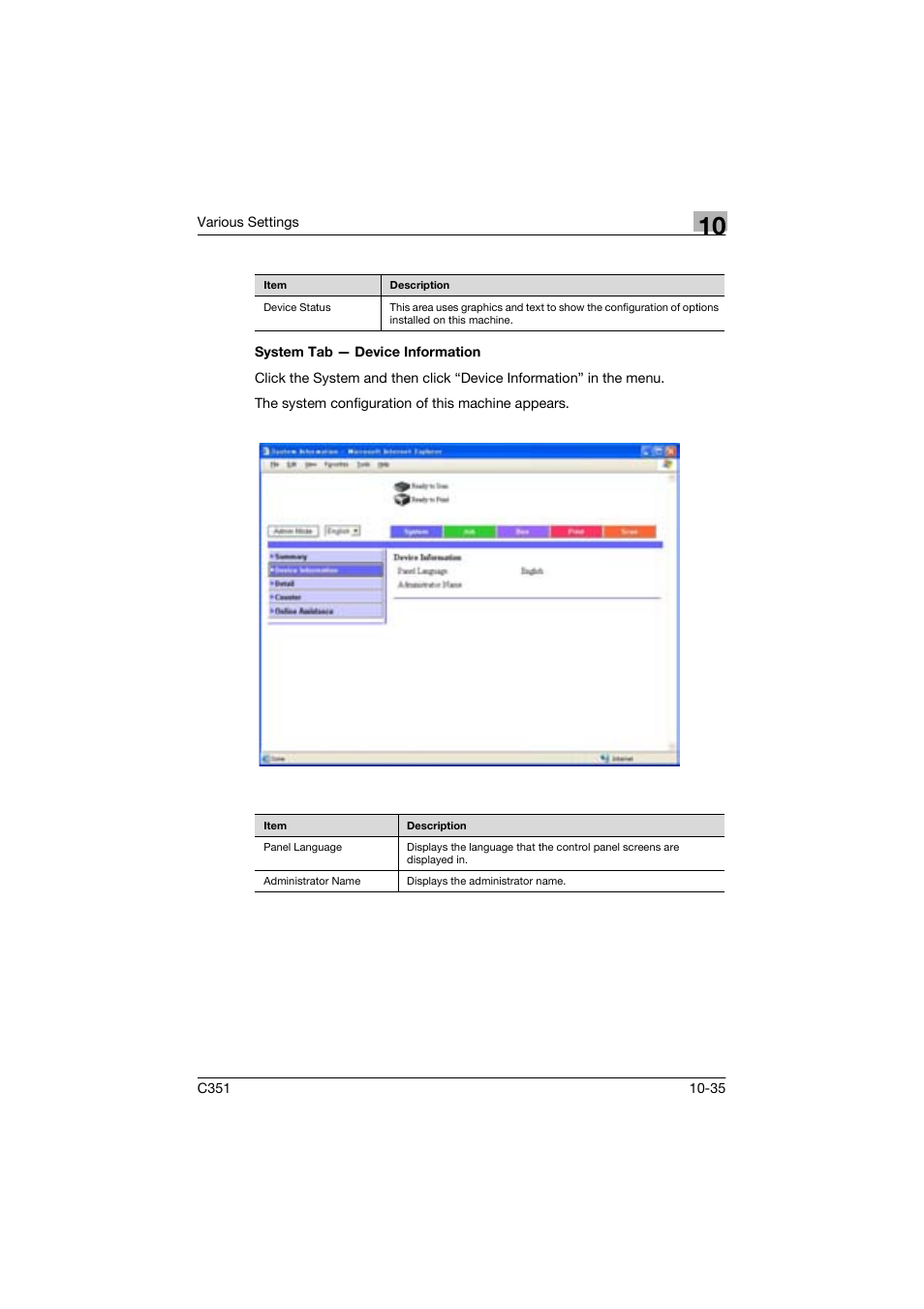 System tab - device information | Konica Minolta BIZHUP C351 User Manual | Page 248 / 318