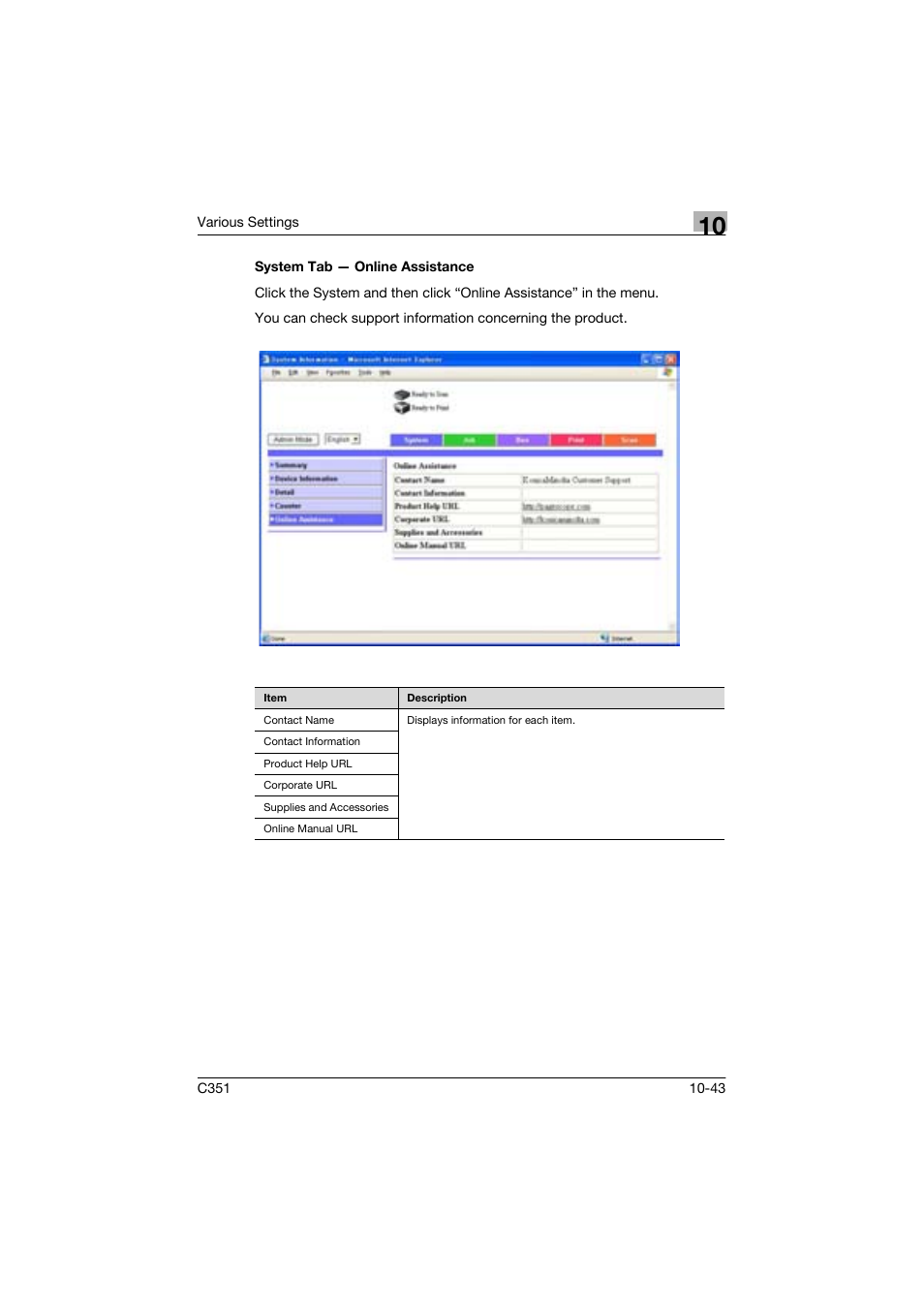 System tab - online assistance | Konica Minolta BIZHUP C351 User Manual | Page 256 / 318