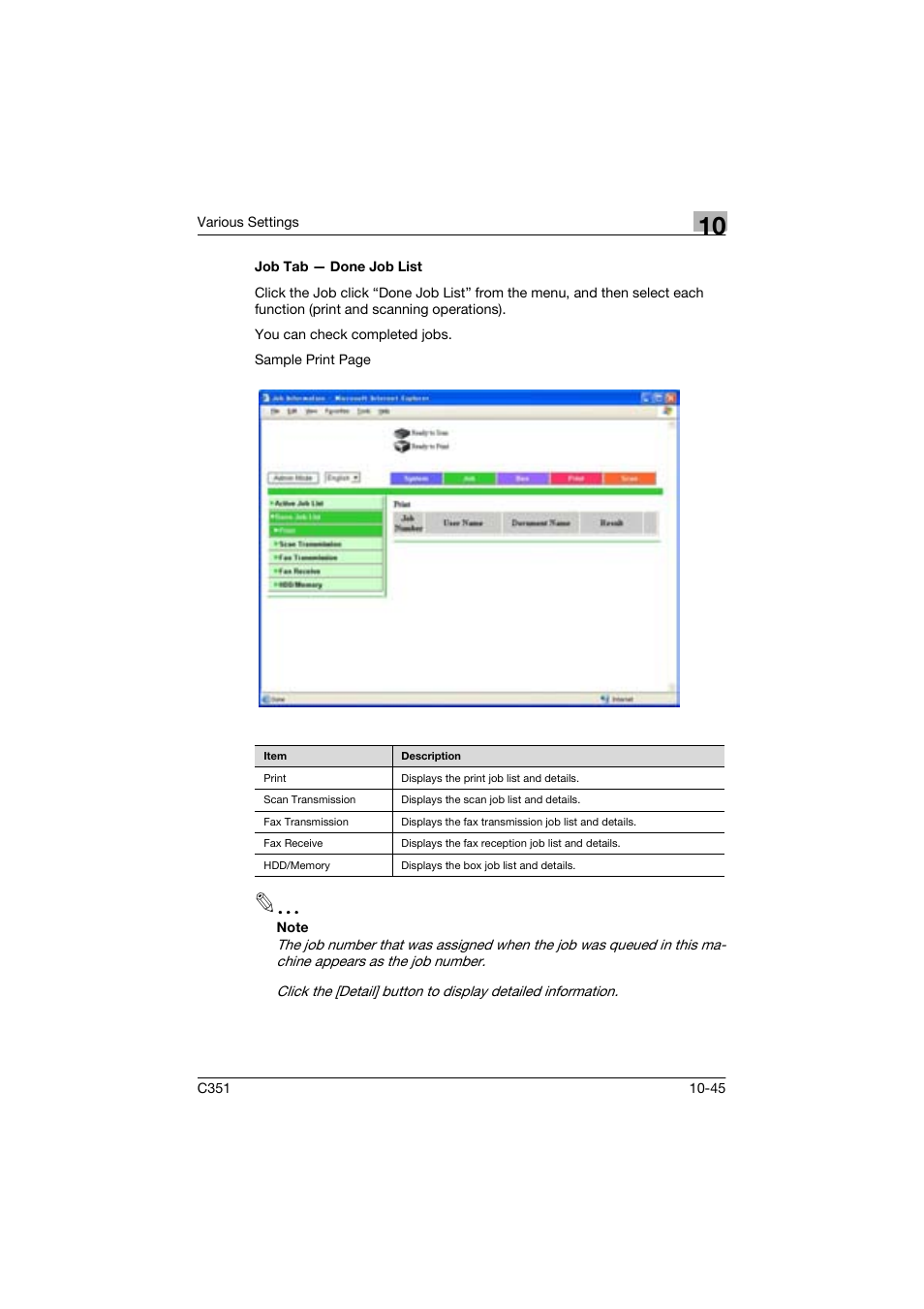 Job tab - done job list | Konica Minolta BIZHUP C351 User Manual | Page 258 / 318