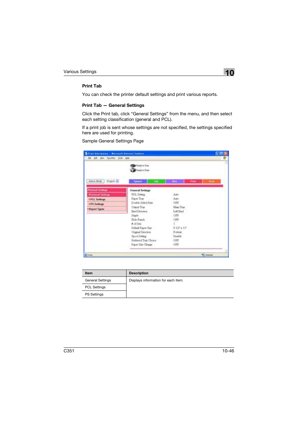 Print tab, Print tab - general settings | Konica Minolta BIZHUP C351 User Manual | Page 259 / 318