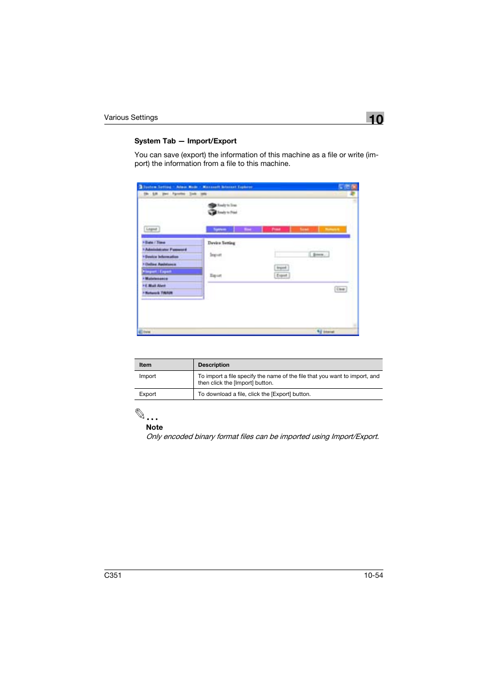 System tab - import/export | Konica Minolta BIZHUP C351 User Manual | Page 267 / 318