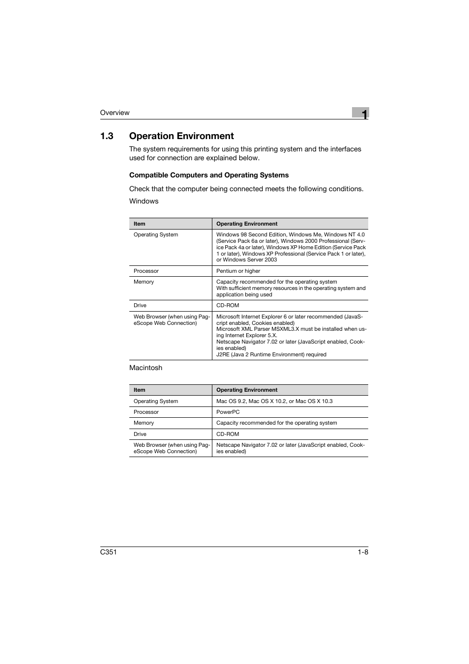 3 operation environment, Compatible computers and operating systems | Konica Minolta BIZHUP C351 User Manual | Page 27 / 318