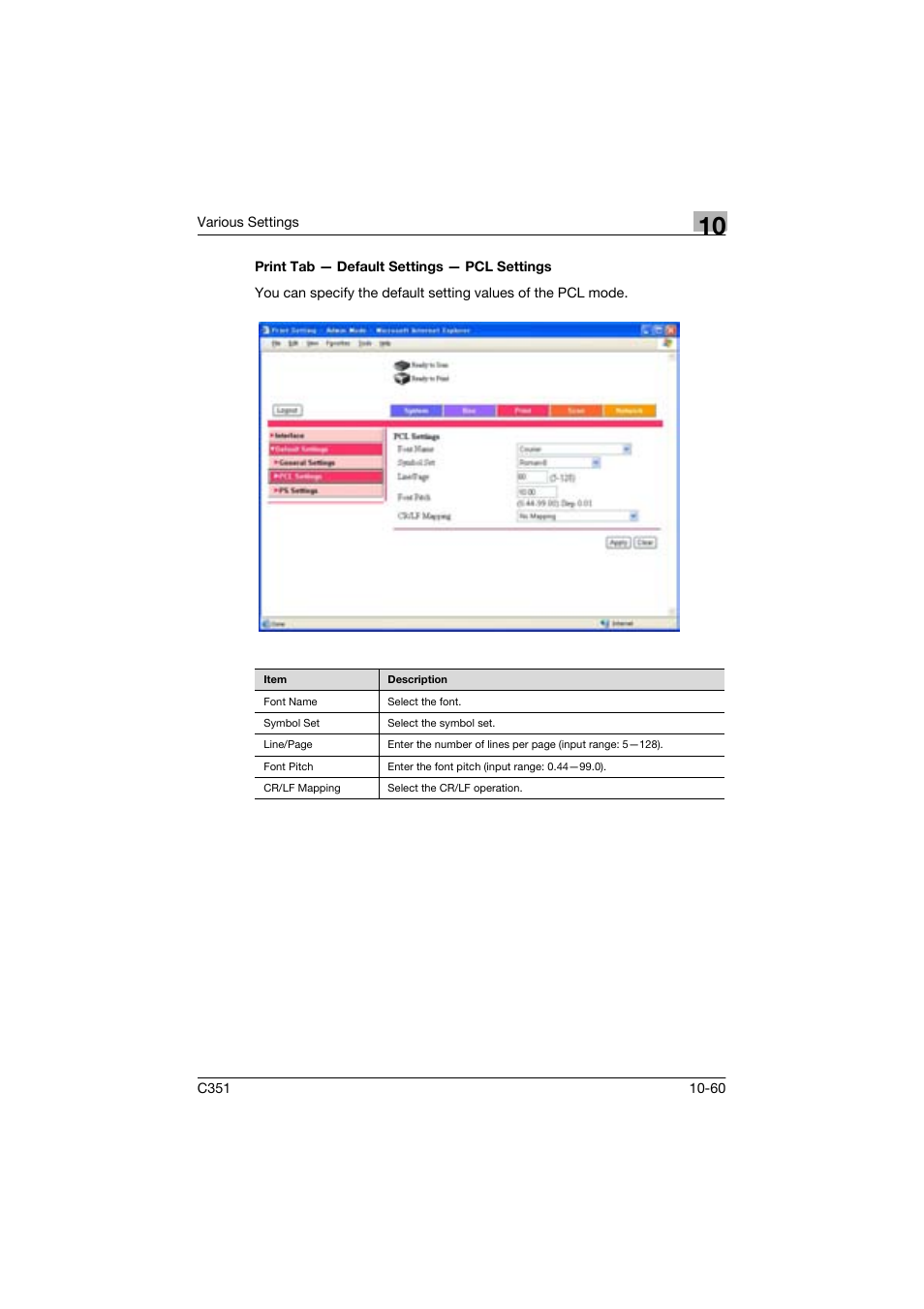 Print tab - default settings - pcl settings | Konica Minolta BIZHUP C351 User Manual | Page 273 / 318