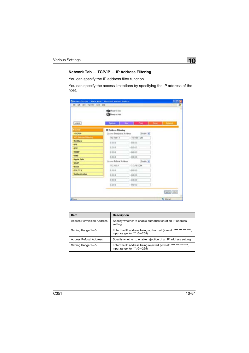 Network tab - tcp/ip - ip address filtering | Konica Minolta BIZHUP C351 User Manual | Page 277 / 318