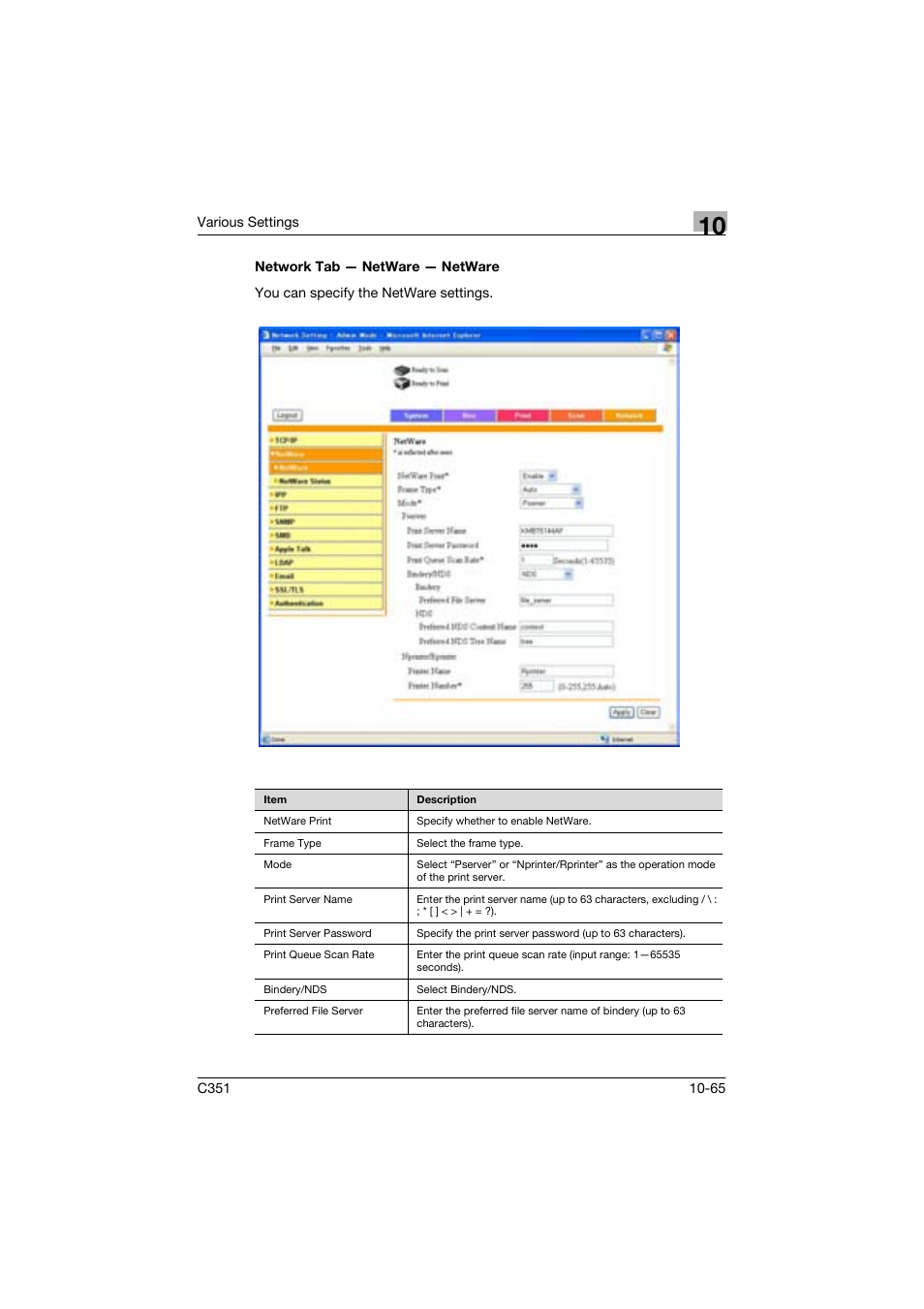 Network tab - netware - netware | Konica Minolta BIZHUP C351 User Manual | Page 278 / 318