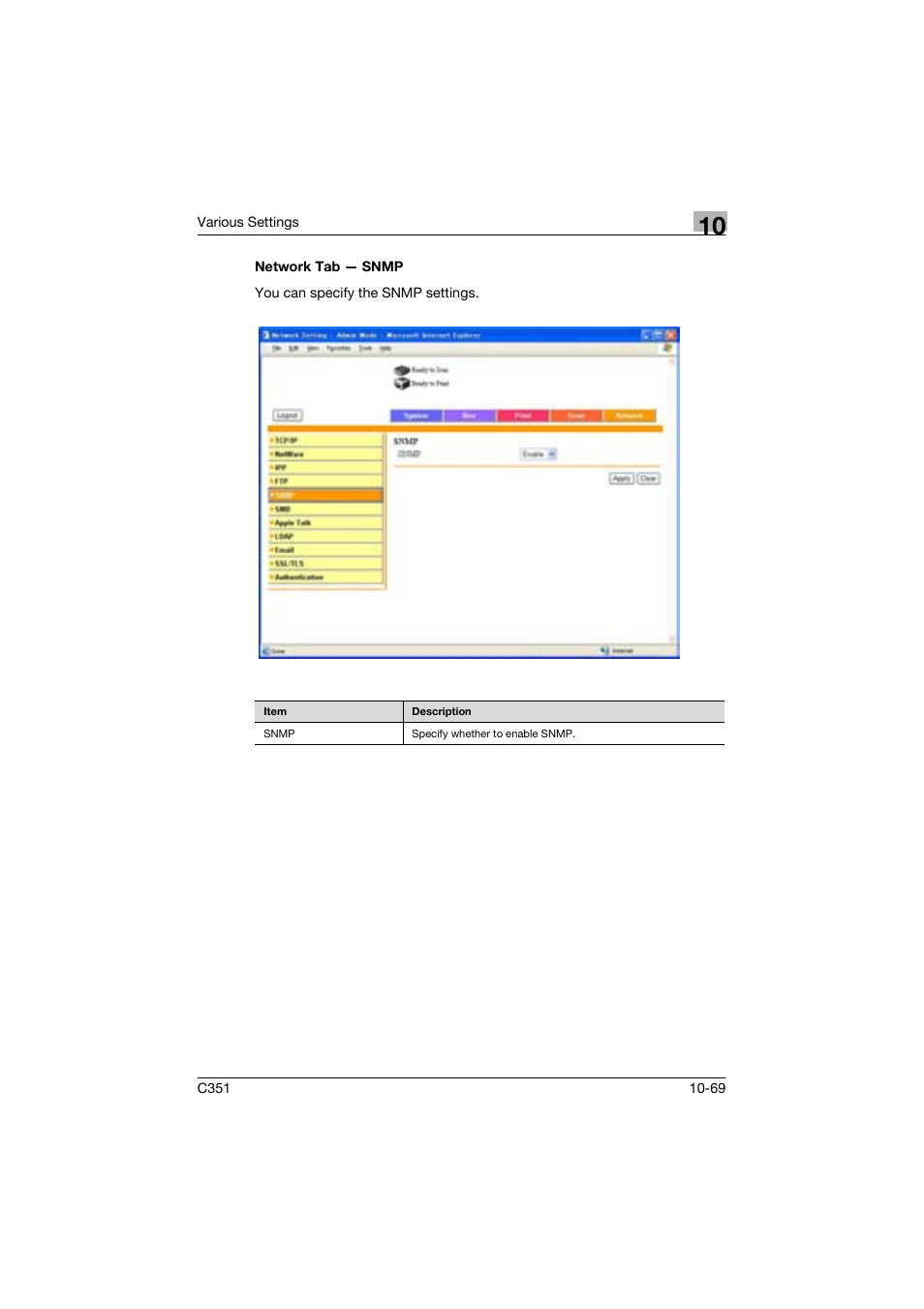 Network tab - snmp | Konica Minolta BIZHUP C351 User Manual | Page 282 / 318