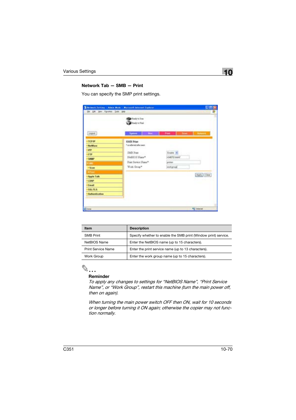 Network tab - smb - print | Konica Minolta BIZHUP C351 User Manual | Page 283 / 318