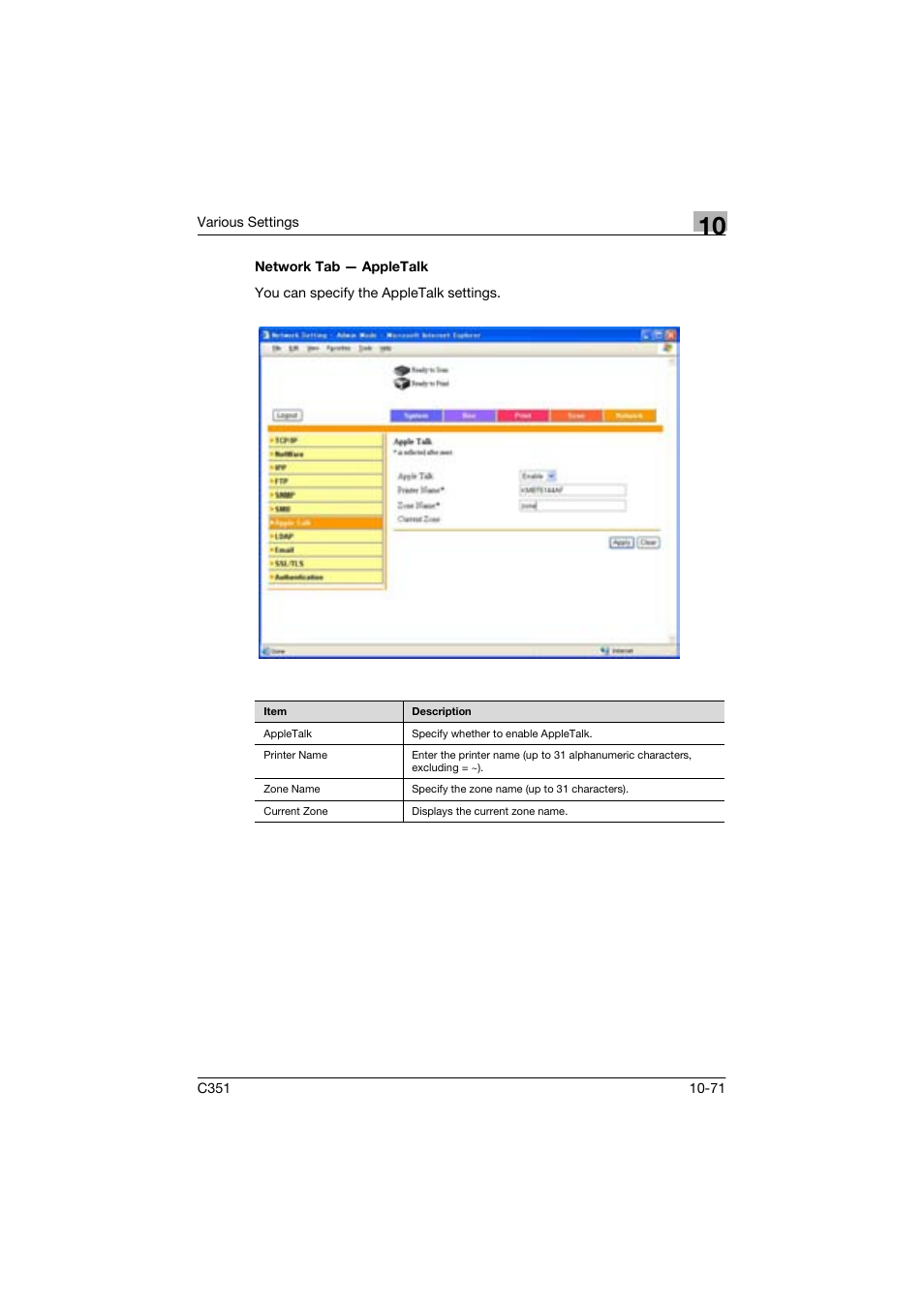 Network tab - appletalk | Konica Minolta BIZHUP C351 User Manual | Page 284 / 318