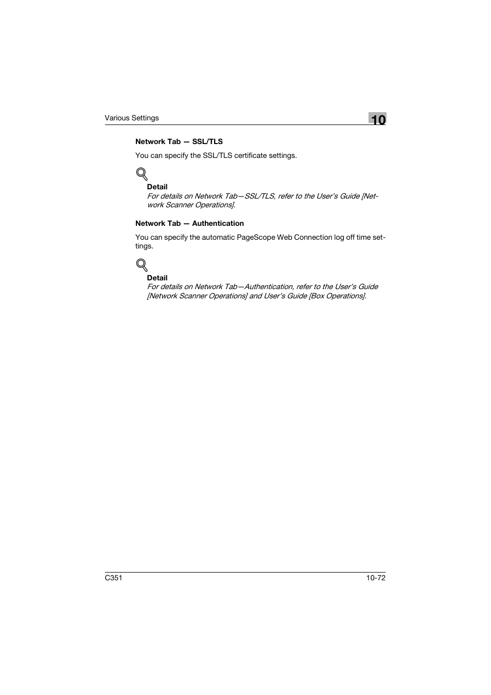 Network tab - ssl/tls, Network tab - authentication | Konica Minolta BIZHUP C351 User Manual | Page 285 / 318