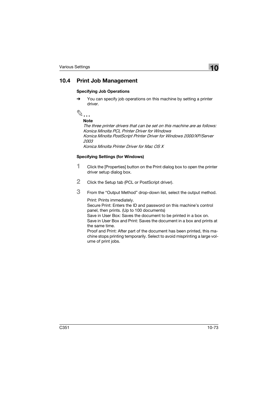 4 print job management, Specifying job operations, Specifying settings (for windows) | Konica Minolta BIZHUP C351 User Manual | Page 286 / 318