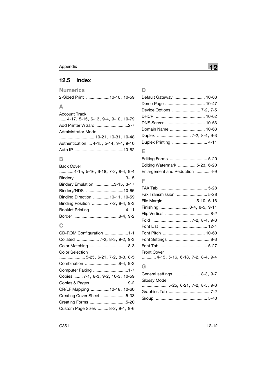 5 index, A to g | Konica Minolta BIZHUP C351 User Manual | Page 313 / 318