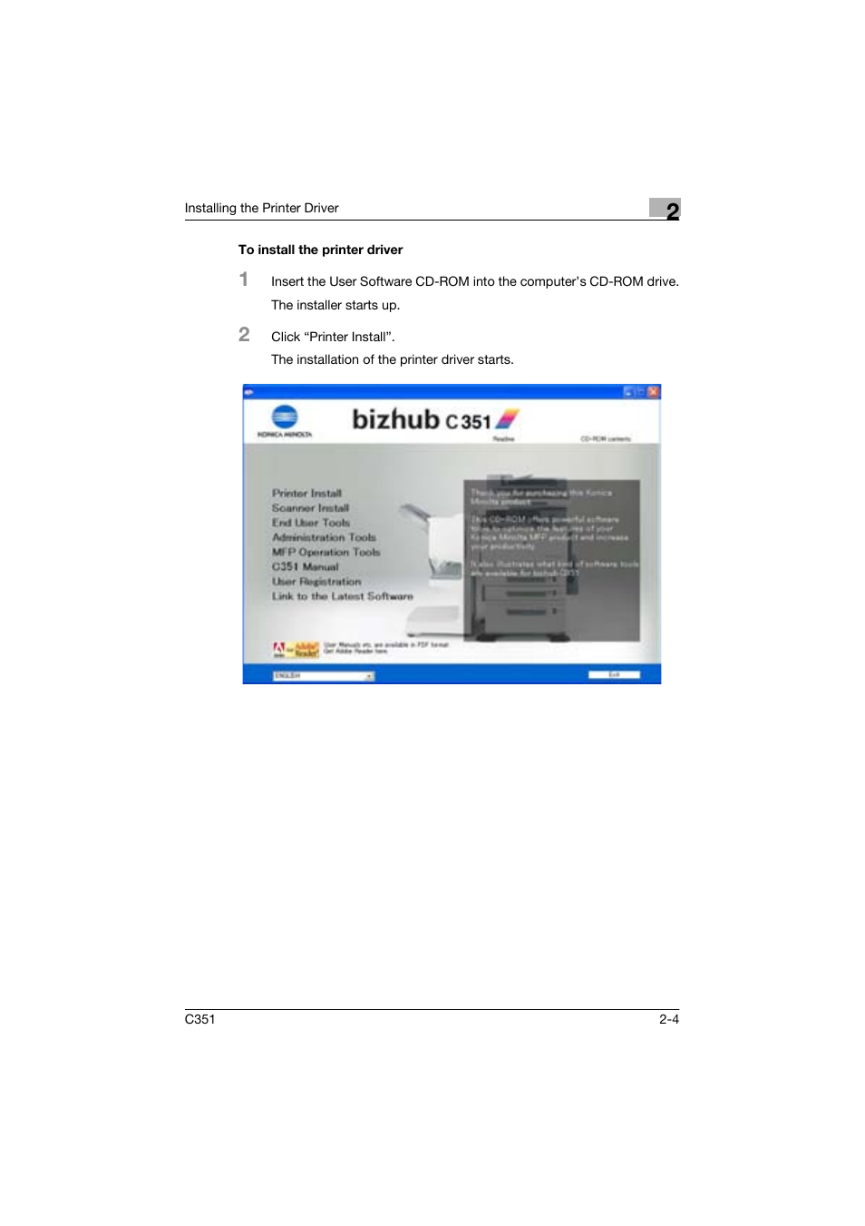 To install the printer driver | Konica Minolta BIZHUP C351 User Manual | Page 35 / 318