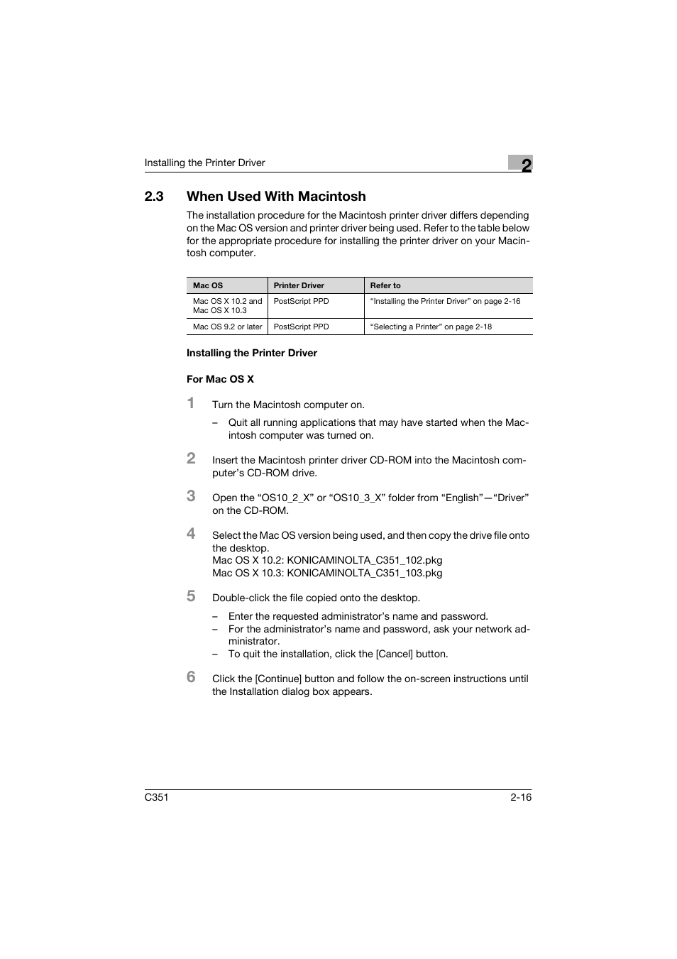3 when used with macintosh, Installing the printer driver, For mac os x | Konica Minolta BIZHUP C351 User Manual | Page 47 / 318