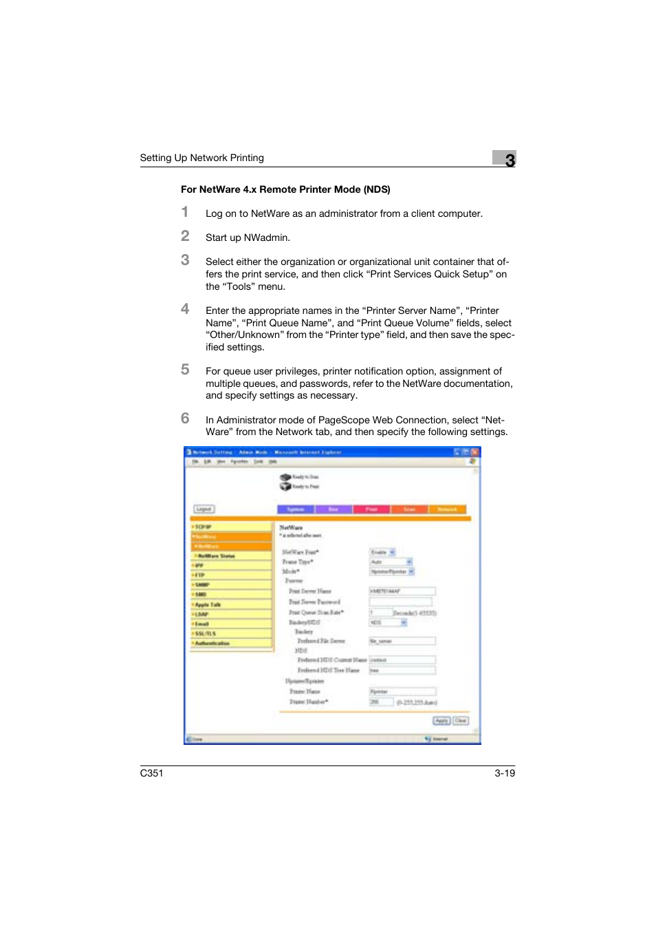 For netware 4.x remote printer mode (nds) | Konica Minolta BIZHUP C351 User Manual | Page 72 / 318