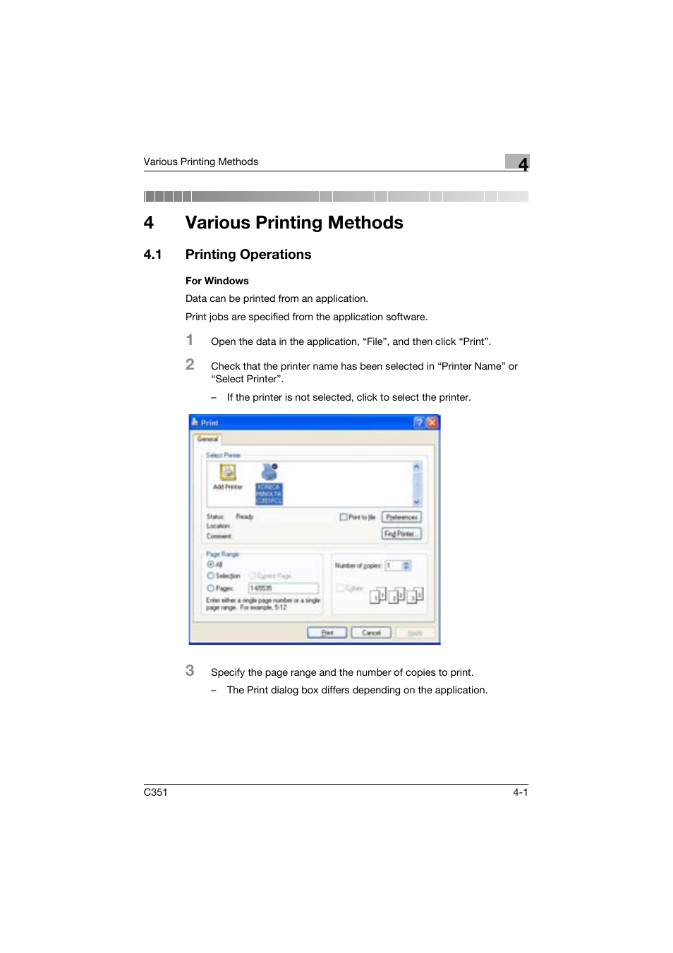4 various printing methods, 1 printing operations, For windows | 4various printing methods | Konica Minolta BIZHUP C351 User Manual | Page 80 / 318