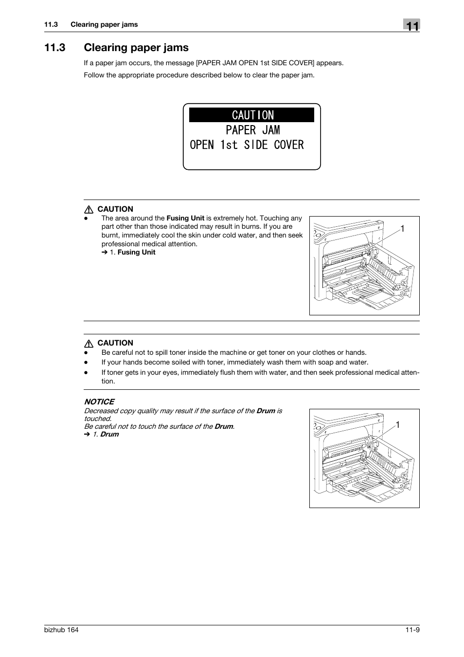 3 clearing paper jams, Clearing paper jams -9, Y. (p. 11-9) | Konica Minolta BIZHUB 164 User Manual | Page 117 / 138