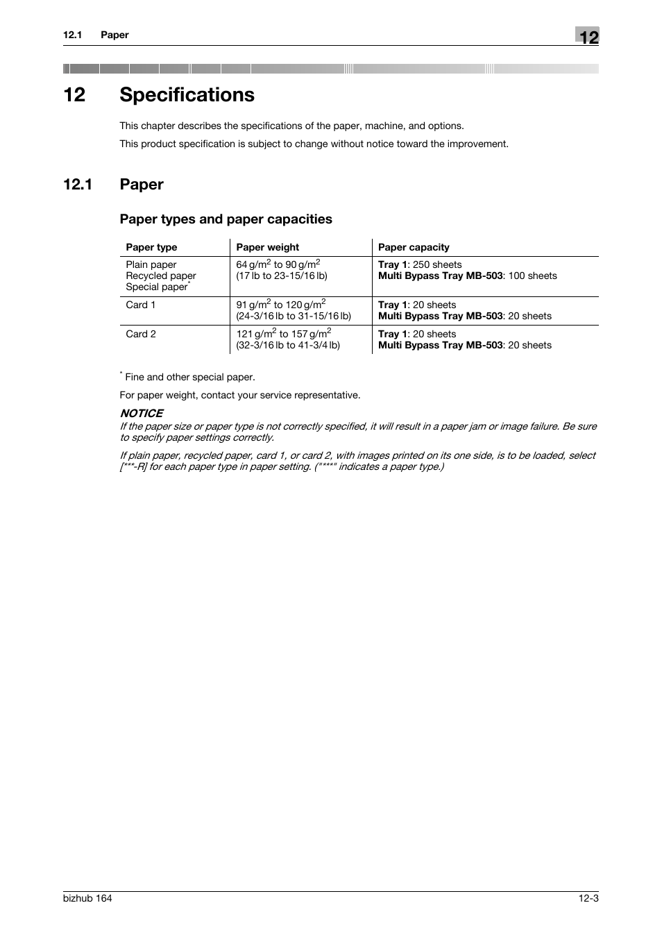 12 specifications, 1 paper, Paper types and paper capacities | Specifications, Paper -3 paper types and paper capacities -3 | Konica Minolta BIZHUB 164 User Manual | Page 125 / 138