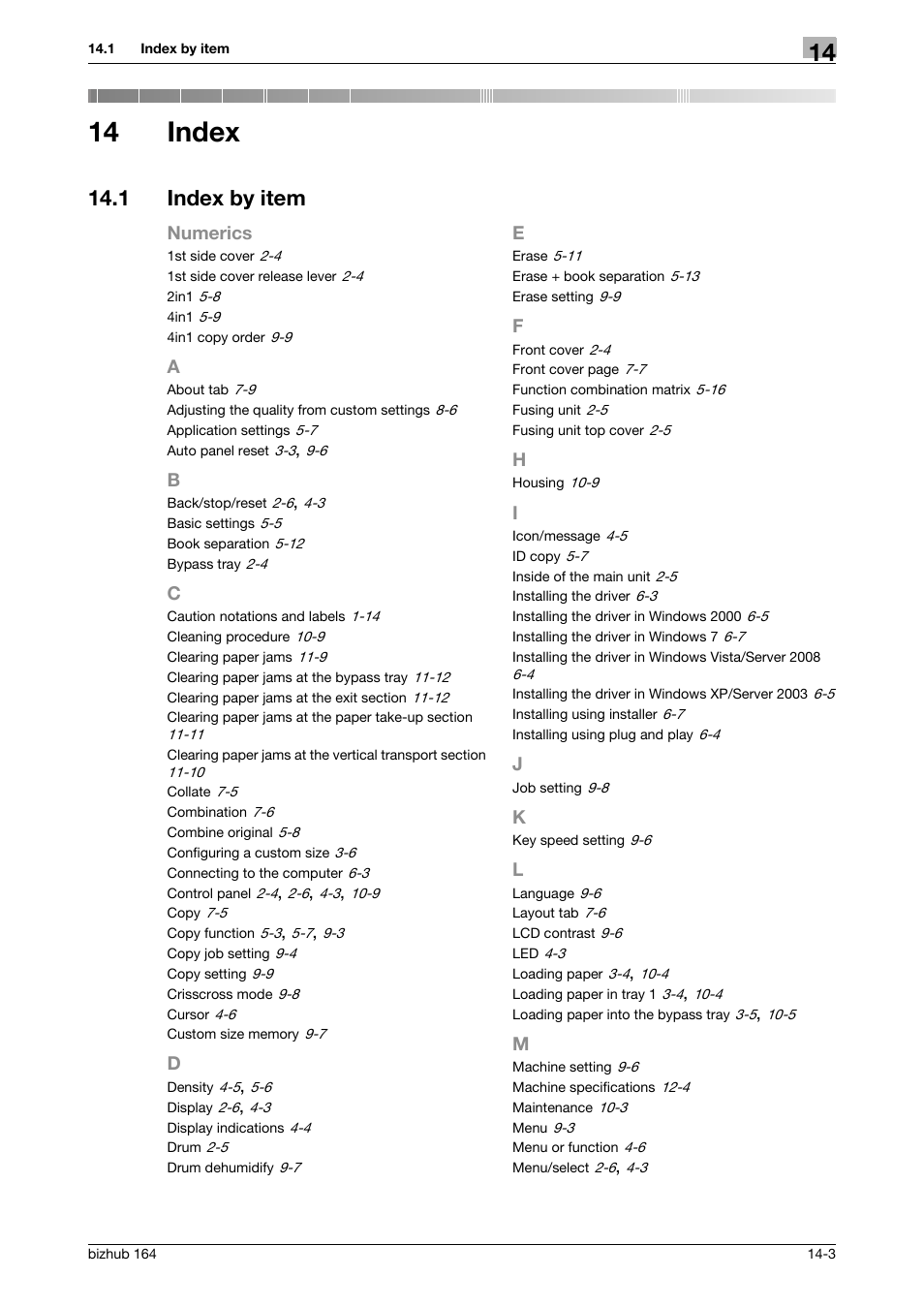 14 index, 1 index by item, Index | Index by item -3 | Konica Minolta BIZHUB 164 User Manual | Page 135 / 138