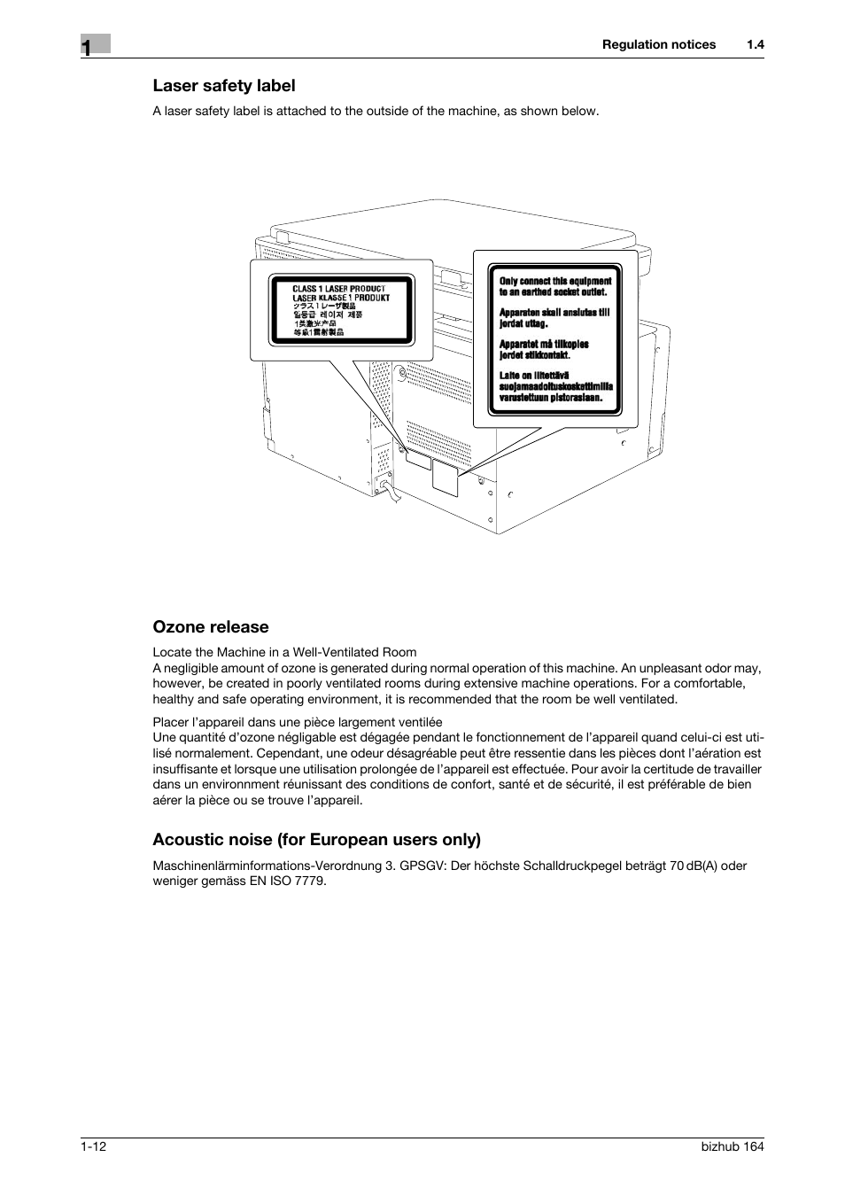 Laser safety label, Ozone release, Acoustic noise (for european users only) | Konica Minolta BIZHUB 164 User Manual | Page 18 / 138