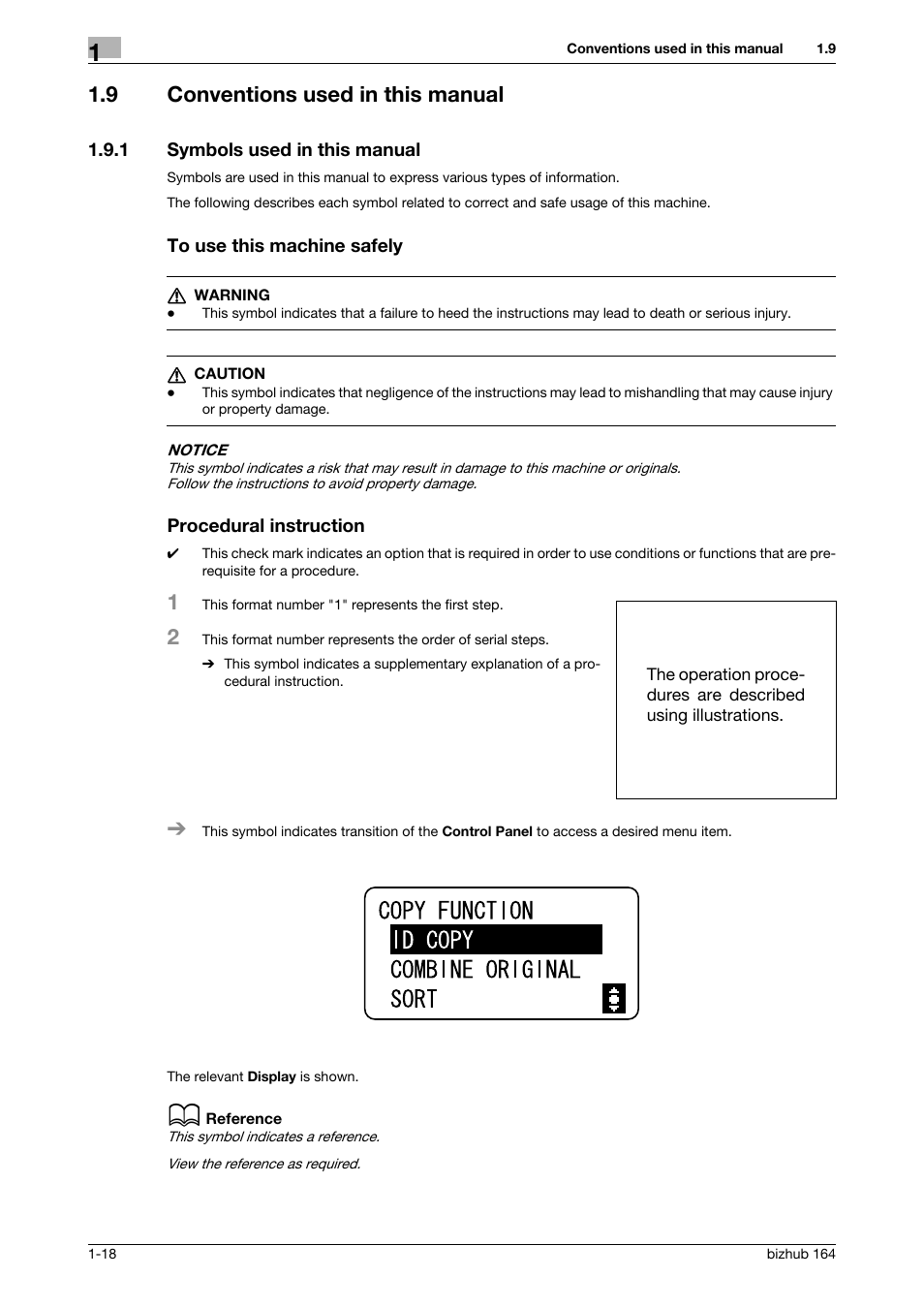 9 conventions used in this manual, 1 symbols used in this manual, To use this machine safely | Procedural instruction, Conventions used in this manual -18 | Konica Minolta BIZHUB 164 User Manual | Page 24 / 138
