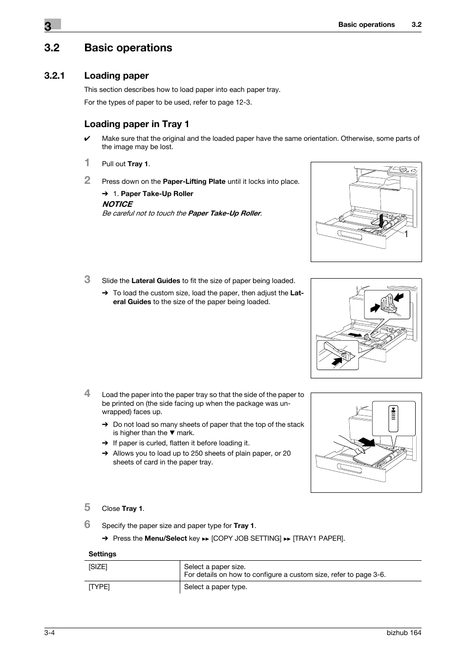 2 basic operations, 1 loading paper, Loading paper in tray 1 | Basic operations -4, Loading paper -4 loading paper in tray 1 -4 | Konica Minolta BIZHUB 164 User Manual | Page 36 / 138