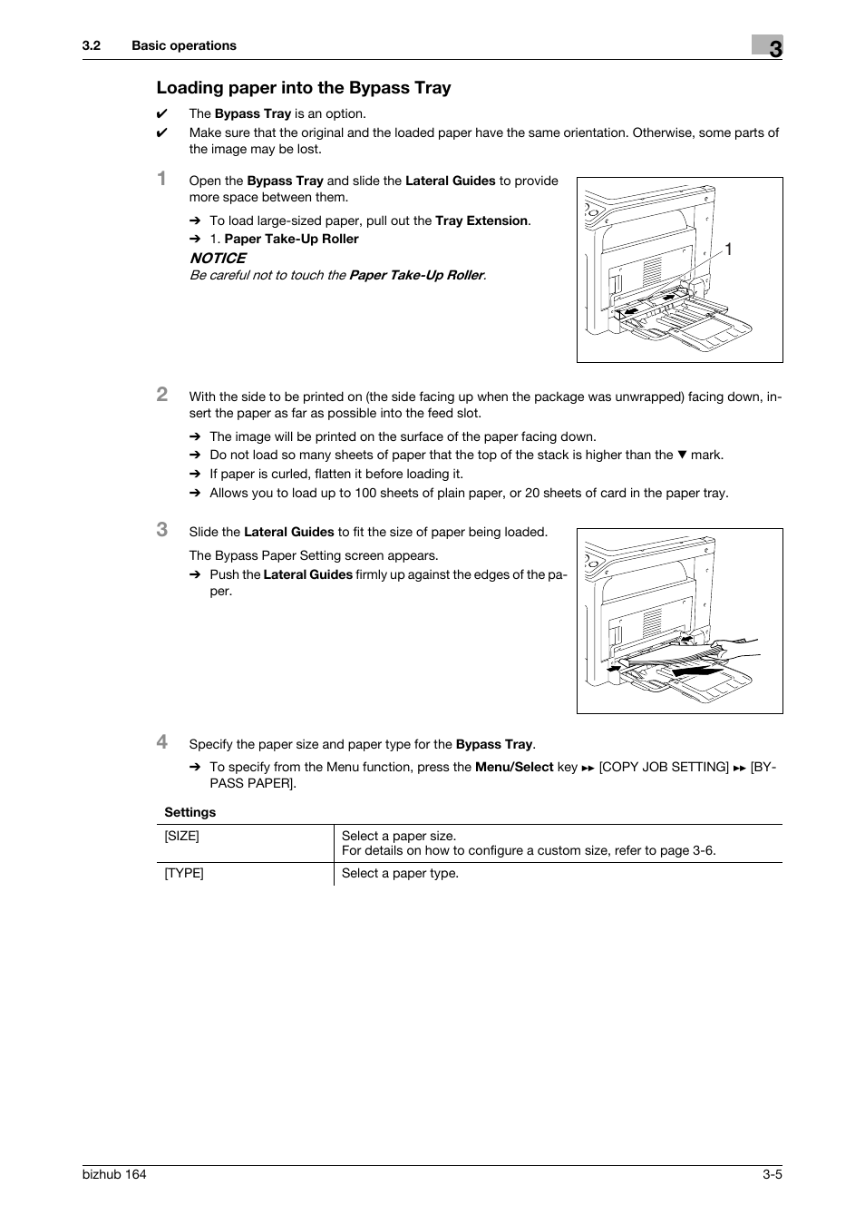 Loading paper into the bypass tray, Loading paper into the bypass tray -5 | Konica Minolta BIZHUB 164 User Manual | Page 37 / 138