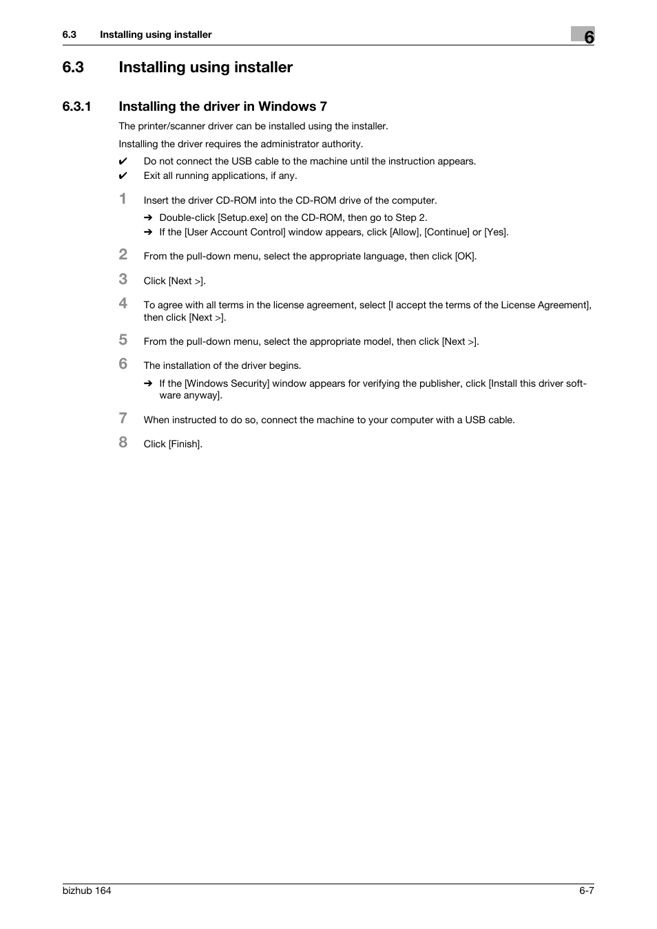 3 installing using installer, 1 installing the driver in windows 7, Installing using installer -7 | Installing the driver in windows 7 -7 | Konica Minolta BIZHUB 164 User Manual | Page 69 / 138