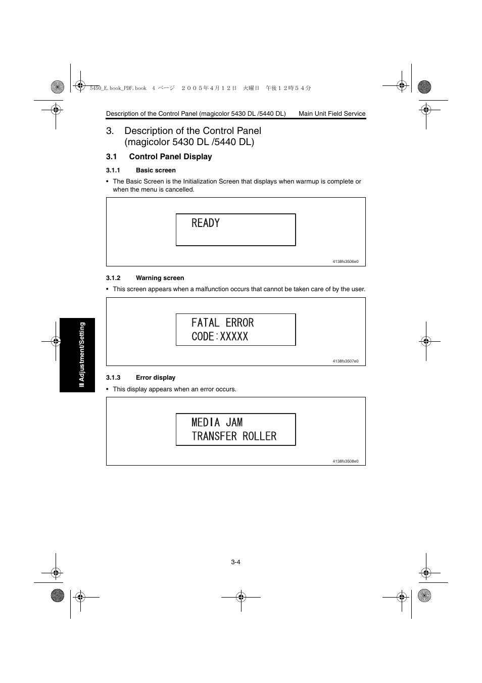 1 control panel display, 1 basic screen, 2 warning screen | 3 error display, Control panel display -4, Basic screen -4, Warning screen -4, Error display -4 | Konica Minolta Magicolor 5440 DL User Manual | Page 107 / 284