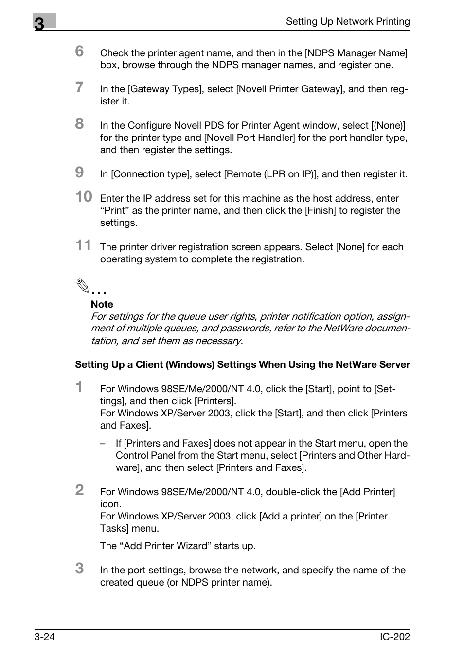 Setting up a client (windows) settings, When using the netware server -24 | Konica Minolta IC-202 User Manual | Page 93 / 134