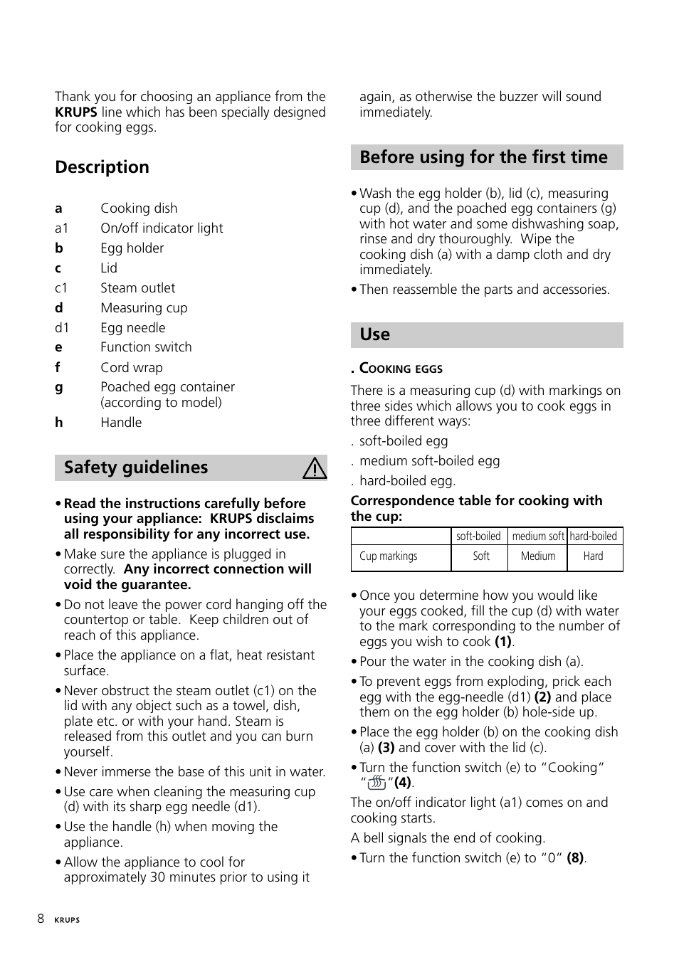 Description, Safety guidelines, Before using for the first time | Krups egg boiler F230 User Manual | Page 3 / 5