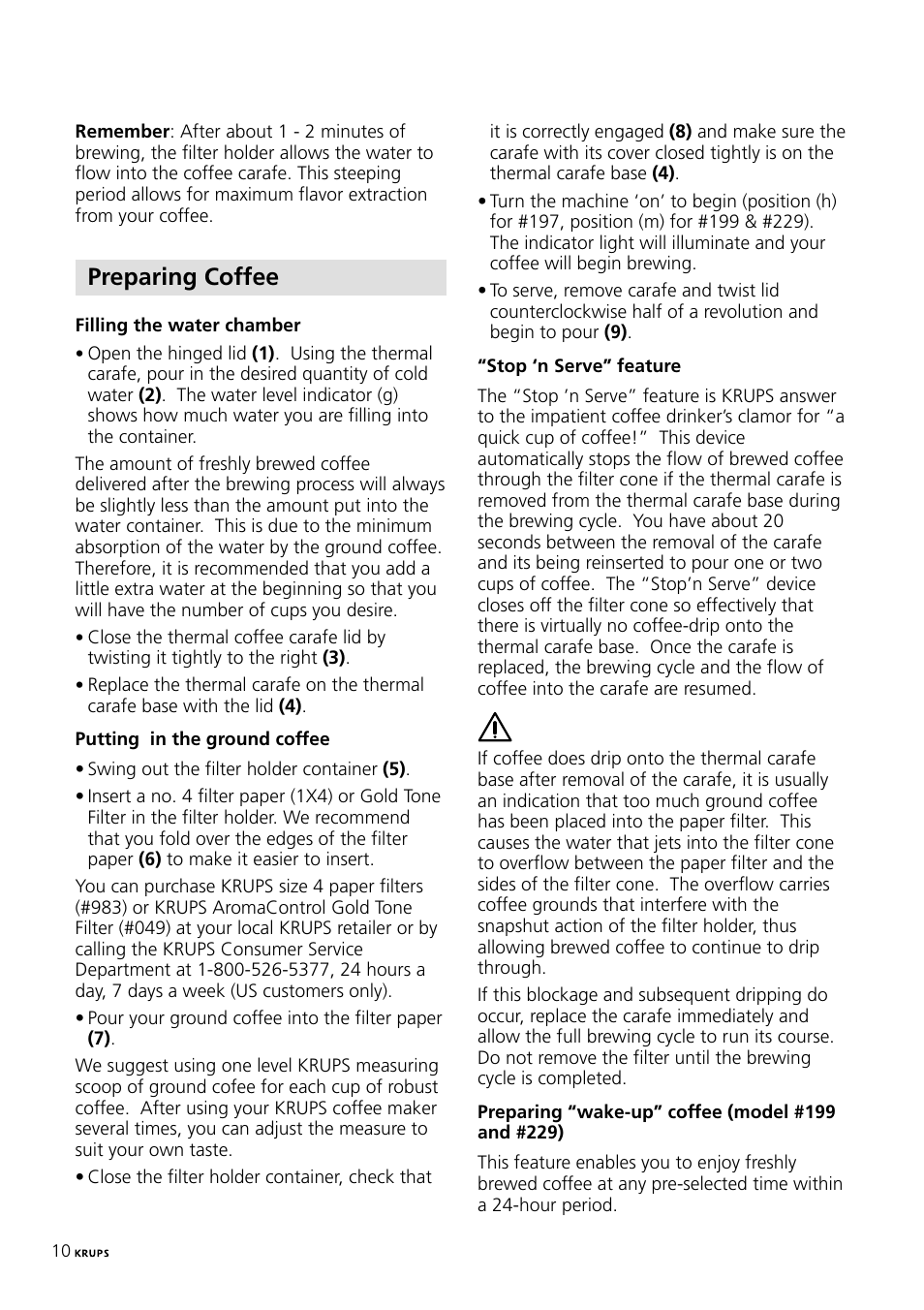 Preparing coffee | Krups 197 User Manual | Page 10 / 29