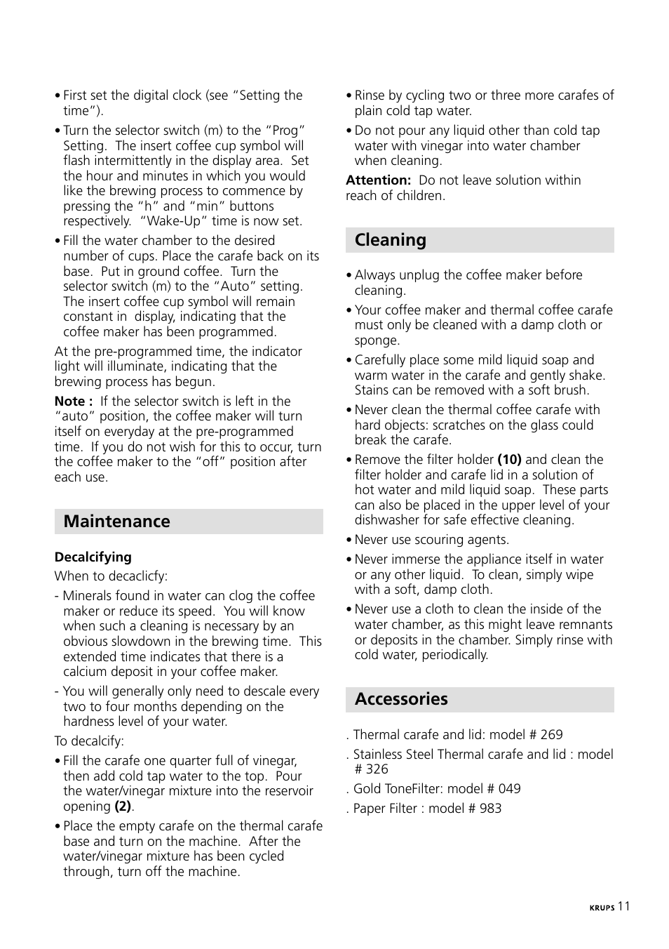 Maintenance, Cleaning, Accessories | Krups 197 User Manual | Page 11 / 29