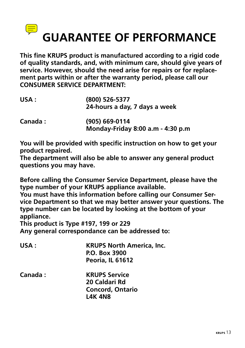 Guarantee of performance | Krups 197 User Manual | Page 13 / 29