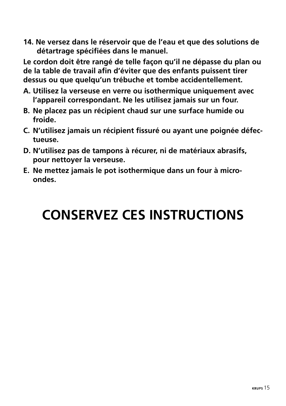 Conservez ces instructions | Krups 197 User Manual | Page 15 / 29