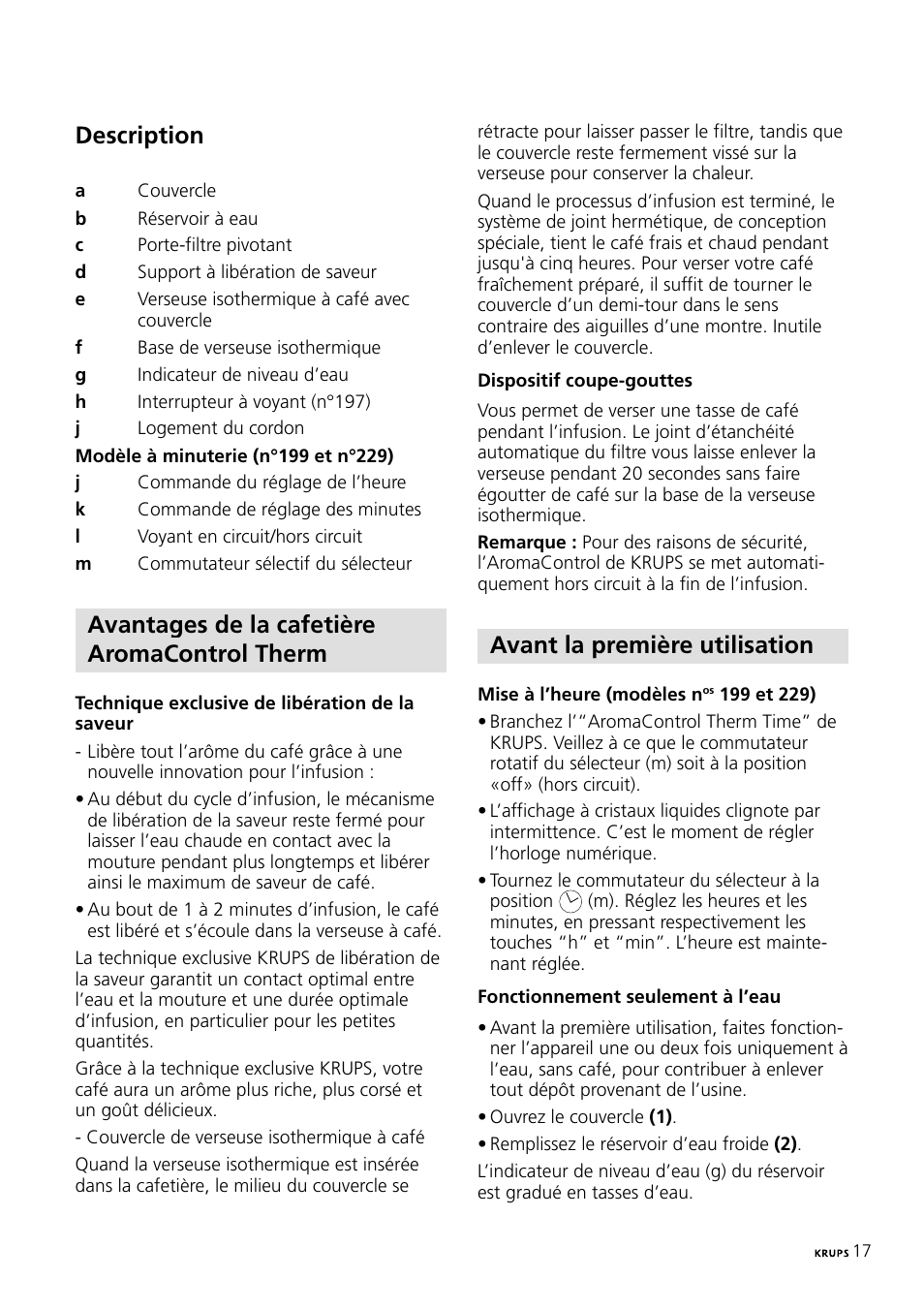 Description, Avantages de la cafetière aromacontrol therm, Avant la première utilisation | Krups 197 User Manual | Page 17 / 29