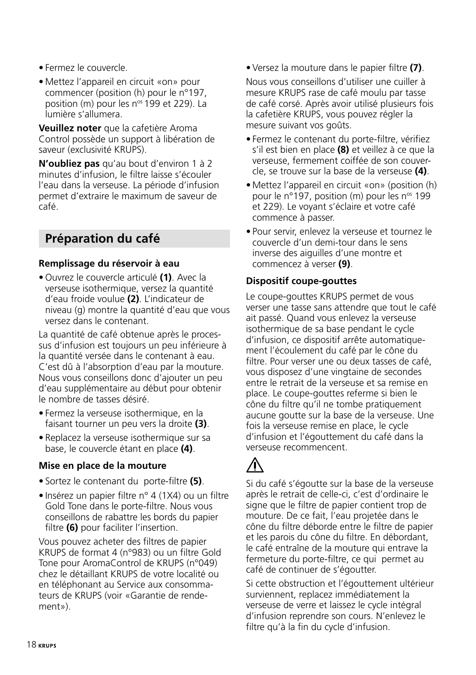 Préparation du café | Krups 197 User Manual | Page 18 / 29