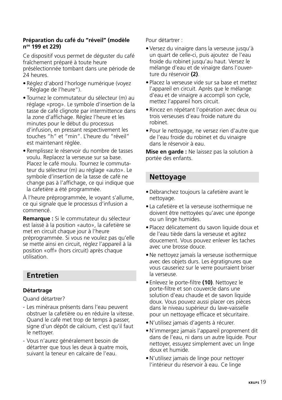 Entretien, Nettoyage | Krups 197 User Manual | Page 19 / 29