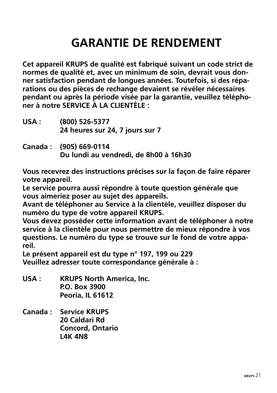 Garantie de rendement | Krups 197 User Manual | Page 21 / 29