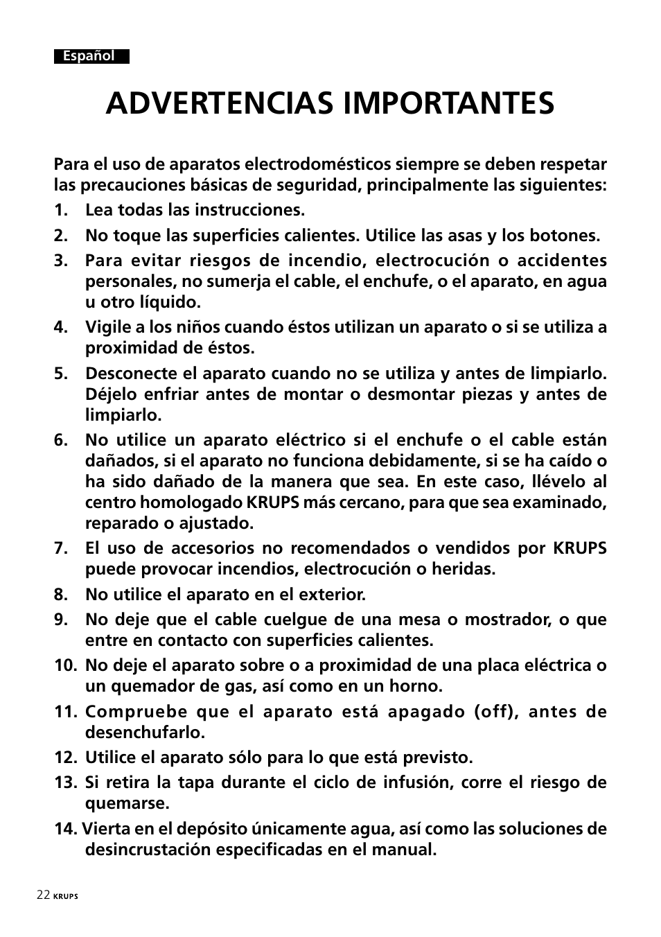 Advertencias importantes | Krups 197 User Manual | Page 22 / 29