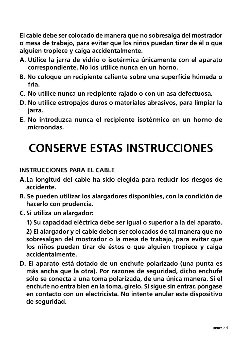Conserve estas instrucciones | Krups 197 User Manual | Page 23 / 29