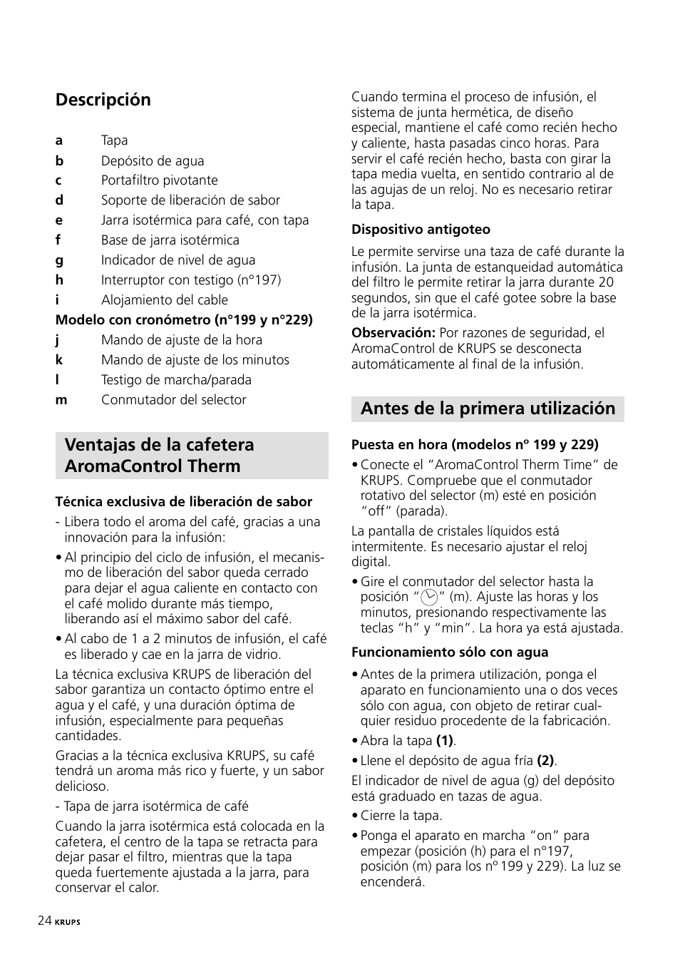 Descripción, Ventajas de la cafetera aromacontrol therm, Antes de la primera utilización | Krups 197 User Manual | Page 24 / 29