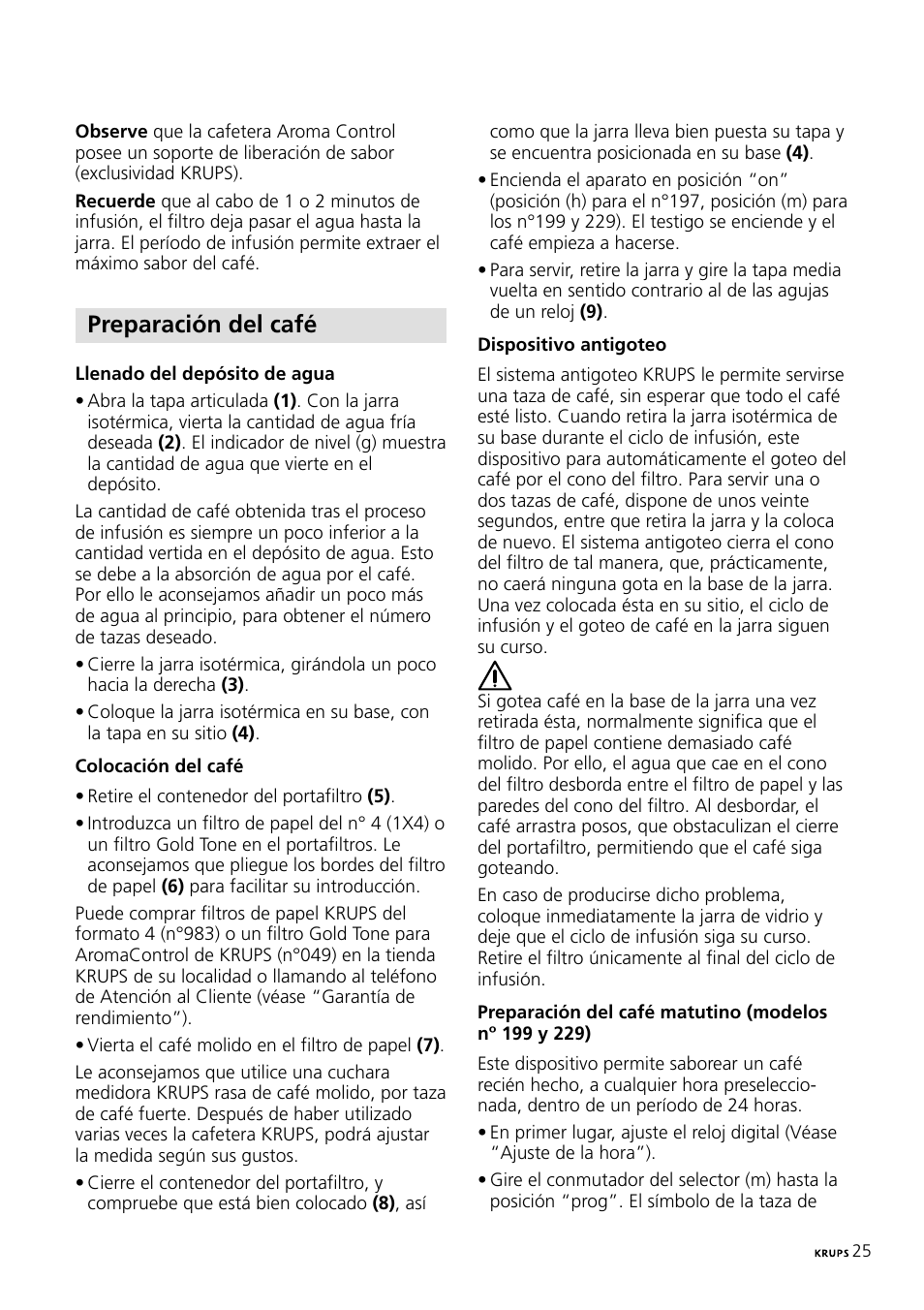 Preparación del café | Krups 197 User Manual | Page 25 / 29