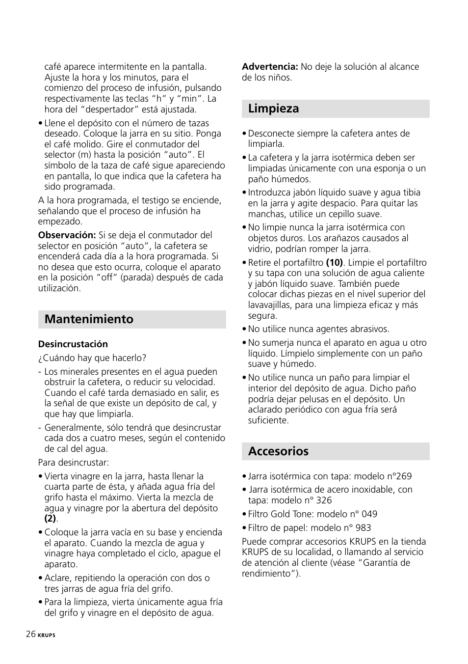 Mantenimiento, Limpieza, Accesorios | Krups 197 User Manual | Page 26 / 29