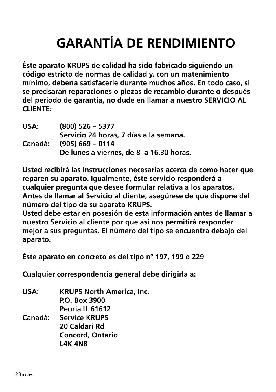 Garantía de rendimiento | Krups 197 User Manual | Page 28 / 29