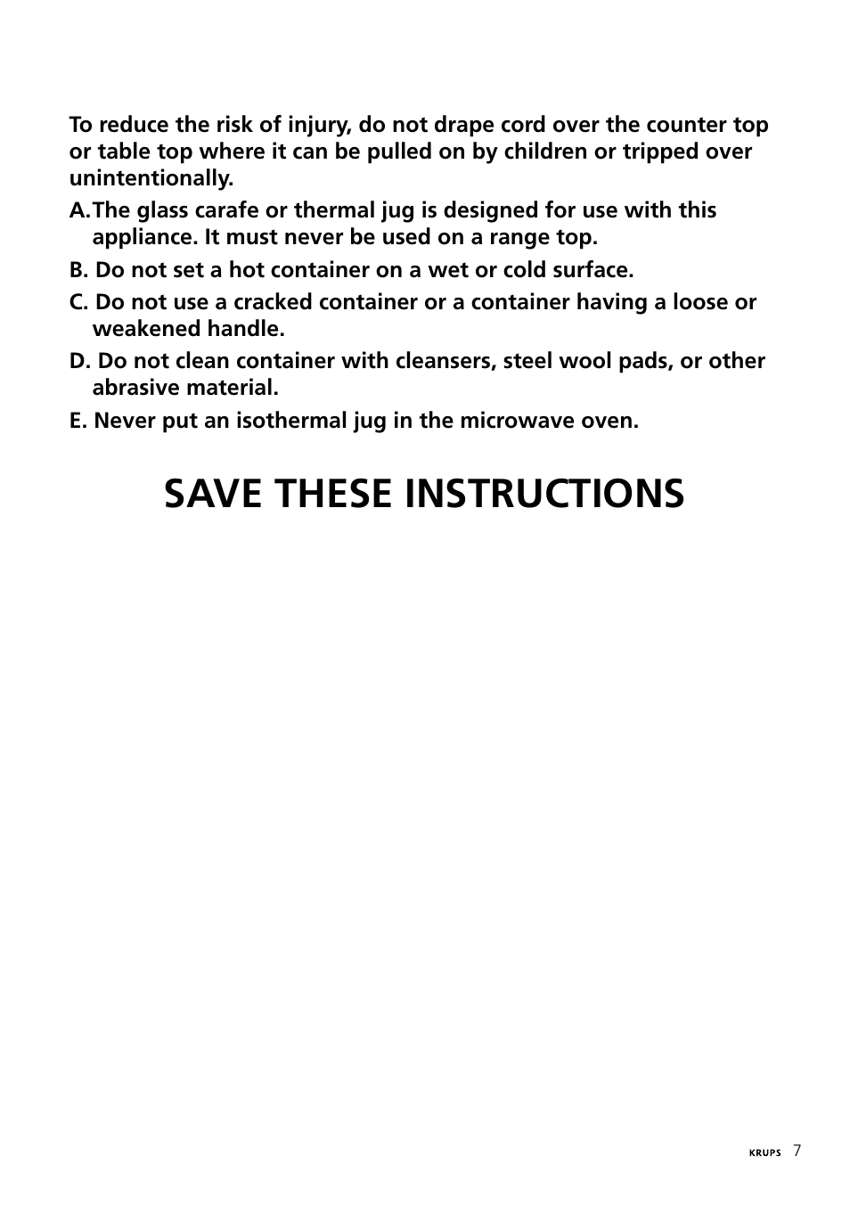 Save these instructions | Krups 197 User Manual | Page 7 / 29