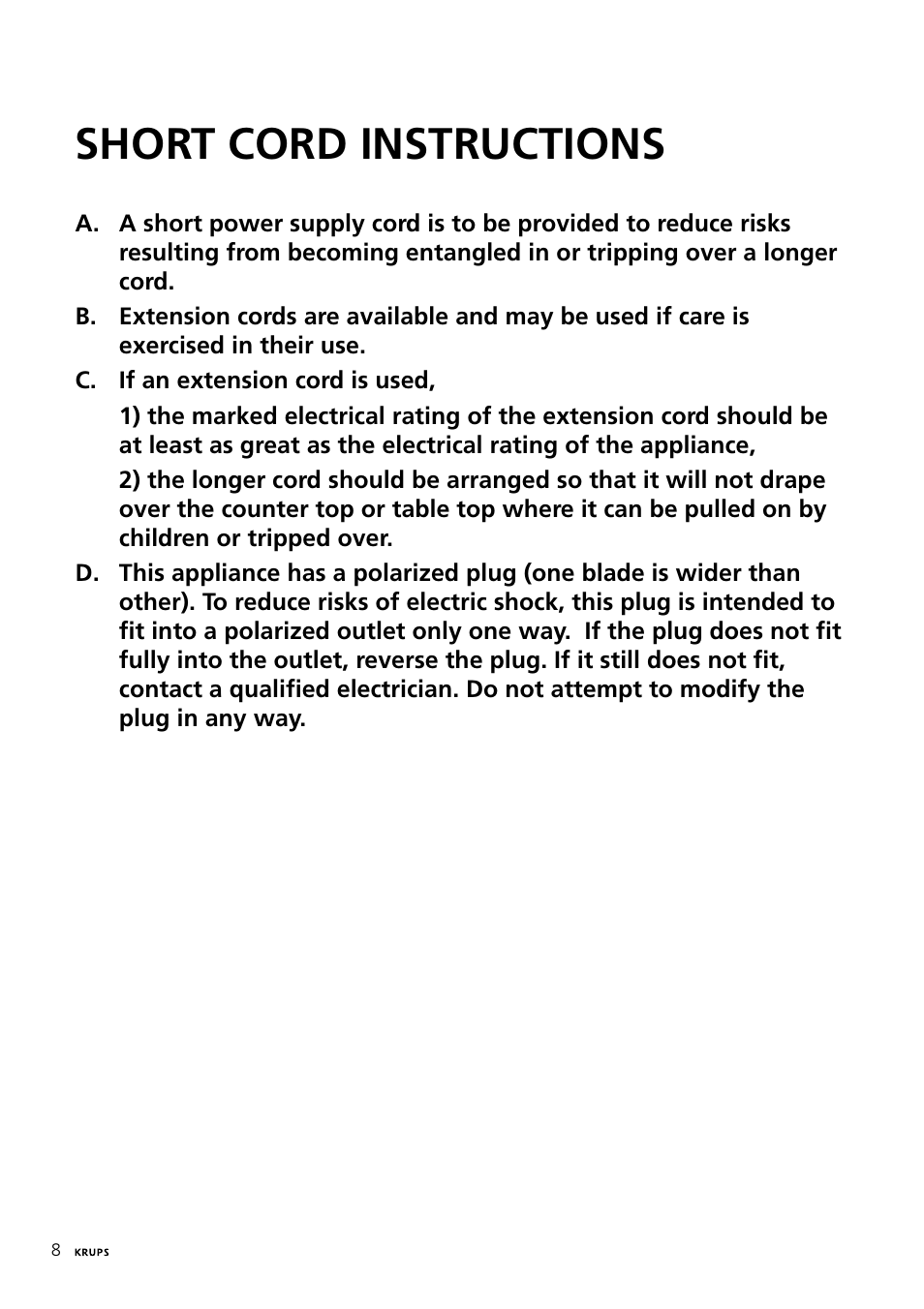 Short cord instructions | Krups 197 User Manual | Page 8 / 29